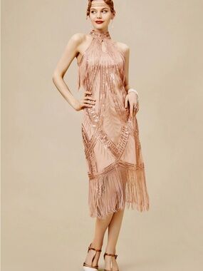 BABEYOND Champagne Gold Sequin Beaded Fringe Halter Gatsby Flapper Dress Med